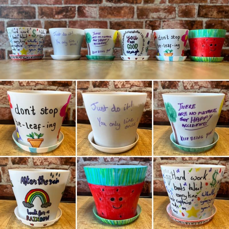 Our pots decorated with positive phrases and sayings to boost mental well-being in the office.