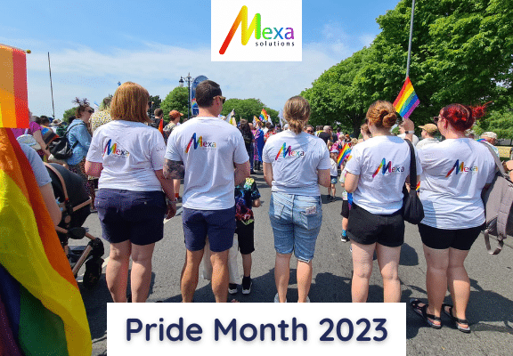 Mexa Solutions team wearing their hand decorated Pride tops on the Portsmouth Pride march