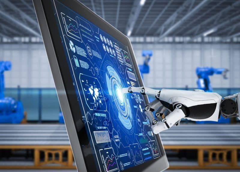 Ai Robot touching a screen with blue tech code on it 