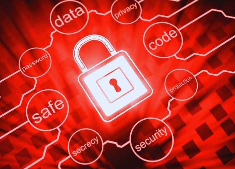 Cybersecurity diagram in red with a lock in the middle