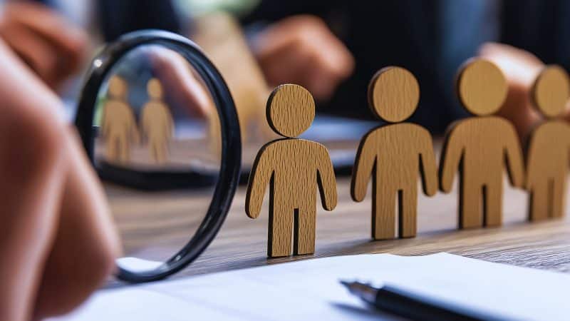 Wooden cut out people being looked at buy a magnifying glass 